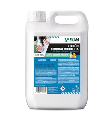 EQM - ECO-901N - Loción Hidroalcohólica de Manos Perfumada - 5L - Eficacia certificada por laboratorio - Limpieza e Hidratación profunda - Con alto contenido en glicerina - Esencia a colonia infantil