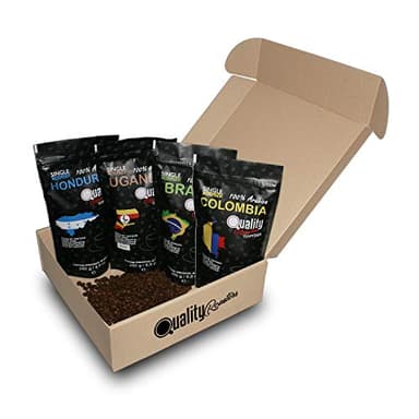 Quality Roasters Coffees. Café en grano Natural. 100% Arábica. Cuatro orígenes: Colombia, Brasil, Honduras y Uganda. Tueste medio. 4x250 gr