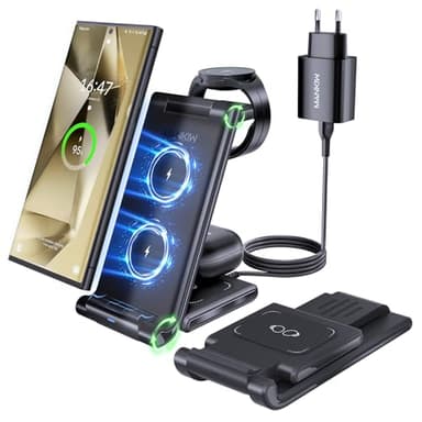 MANKIW Cargador Inalámbrico para Samsung, 3 En 1 Estación de Carga Inalámbrica, Base Cargador portátil para Galaxy S24 S23 S22 S20 Ultra Z Flip Fold 5/4/3Galaxy Watch 6/5/4/3Buds