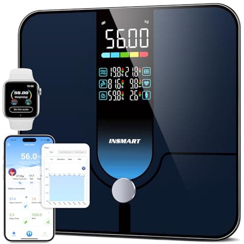 INSMART Bascula Grasa Corporal y Muscular, Bascula Baño con Pantalla Grande (7 datos), Bascula Bluetooth con App para ver 18 datos corporales, Peso Baño 30x30cm Carga máxima 227KG/500lb,Smart Scale