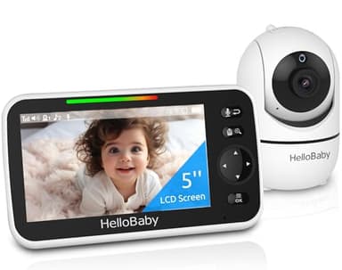 HelloBaby Monitor de Bebé con Cámara y Visión Nocturna, Pantalla de 5 Pulgadas con Batería de 30 Horas, Monitor de Video para Bebé Sin WiFi, Conversación Bidireccional, Temperatura, 8 Canciones