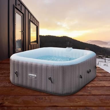 Arebos Spa hidromasaje 2400W | Piscina exterior | para 6 personas 185x185cm | 130 chorros de masaje | 910 L con calefacción | Función de inflado pulsando un botón | Incl. cubierta | Bubble Spa & Welln