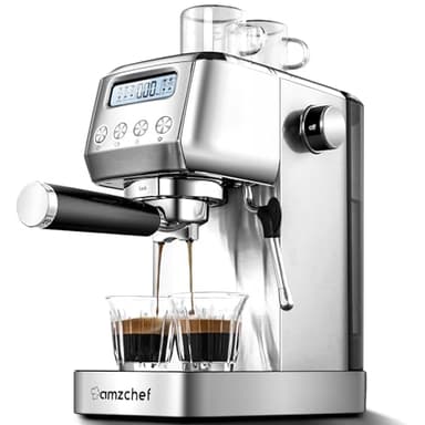 AMZCHEF Cafetera Express 20 Bares | Cafetera Semiautomatica con Vaporizador de Leche para Espresso y Cappuccino | 1350 W Cafetera Espresso | Depósito Extraíble 1.3L | Acero Inoxidable | Plate