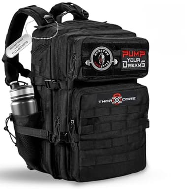 THORXCORE Mochila Crossfit - Mochila táctica 45L militar Impermeable, Compartimentos Organizados, para Gimnasio y Viajes - Duradera y Versátil personalizable con parches incluidos (Negro)