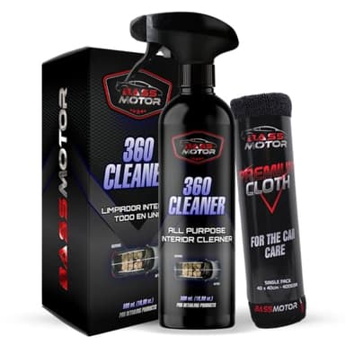 BassMotor Limpiador Todo en Uno Interior Multiusos para Coche Salpicadero Tapicería Limpia y Desengrasa Plasticos Asientos Cuero Uso Rápido y Fácil - 360 Cleaner 500ml + Bayeta Premium