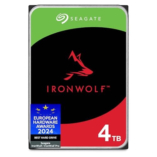 Seagate Technology IronWolf, 4 TB, NAS, disco duro interno, CMR, 3,5 pulgadas, SATA, 6 GB/s, 5400 RPM, caché de 256 MB, para almacenamiento adjunto en red RAID, FFP (ST4000VNZ06)