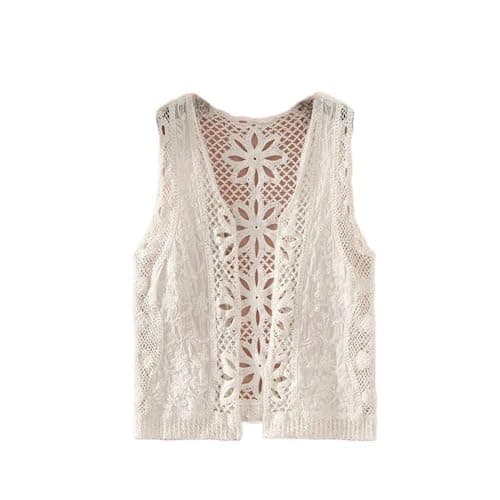 Camiseta Tirantes Mujer,Chaleco De Ganchillo Floral Para Mujer Retro Beige Hueco Rombo Kapok Flor Encaje Sin Mangas Frente Abierto Chaleco Corto Chal Cárdigan Punto Boho Hippie Gilet Blusa Verano B
