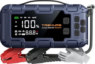 TREKURE 8-en-1 6000A Arrancador de Baterias de Coche, PD 45W Arrancador de Coches con Compresor de Aire de 160 PSI (para All Gas o 12L Diesel), Arrancador con Pantalla Grande LCD y Guantes Aislantes
