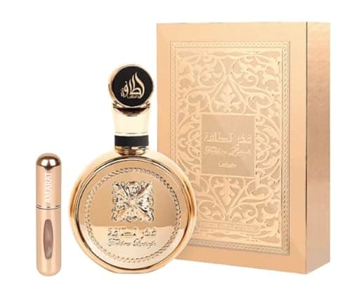 Perfume Fakhar Extrait Gold Unisex 100ML, Perfume Árabe de Larga Duración, Eau da Parfum Importado desde Dubái, Perfume Unisex Amaderado y Oriental Incluye Atomizador Recargable 5ML (Extrait Gold)