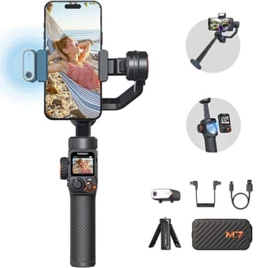 hohem iSteady M7 Estabilizador de Móvil Gimbal para iPhone, Luz de Relleno magnética AI Tracker, Mando a Distancia táctil Desmontable, Alargadera incorporada, 500g Carga útil, Gimbal para Móvil