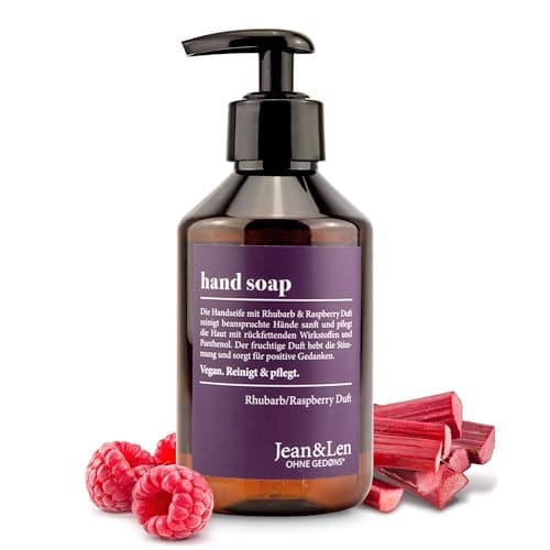 Jean & Len Jabón de Manos Alchimiste Ruibarbo y Frambuesa, jabón líquido en dosificador para unas manos limpias y cuidadas, fragancia afrutada, sin parabenos ni siliconas, vegano, 250 ml