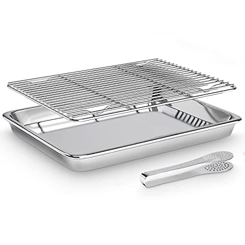 Bandeja De Horno con Rejilla de Enfriamiento, Bandejas Rectangulares de Horno de Acero Inoxidable con Pinzas de Cocina, por Galletas, Pizza, 40x30x2,5cm