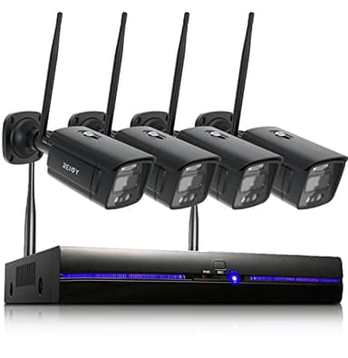 3MP Kit Camara de Vigilancia WiFi Exterior con Spotlight, REIGY Sistema de Seguridad IP Interior 4X 1296P Camara y 8CH 5MP NVR, Visión Nocturna Colorida, Detección Movimiento Sin HDD Negro