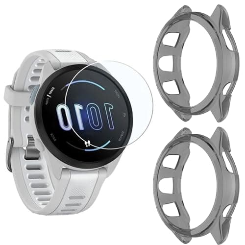 MWOOT Compatible con Garmin Forerunner 165 Protectores Cristal Templado 4 Unidades y Funda Silicona 2 Unidades, 9H Dureza Resistente a Arañazo Protector Pantalla Vidrio Proteccion Smartwatch