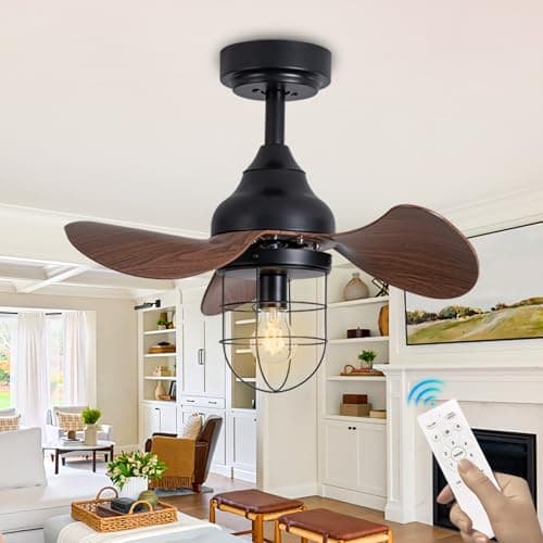 Ventilador de Techo con Luz Pequeño Negro Silencioso Vintage, Lampara de Techo con Ventilador con Mando a Distancia, Motor Dc, 2 Booms 6 Velocidades, Plafón Ventilador Techo E27