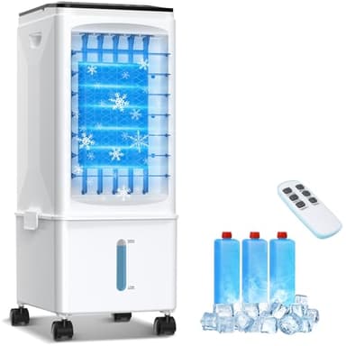 Aire Acondicionado Portátil, 3 en 1 Enfriador de Aire Evaporativo, Humidificador, Ventilador, 3 Velocidades, 9.5 L Tanque de Agua Grande, Remoto, 3 Cajas de Helado, 1-7H Temporizador