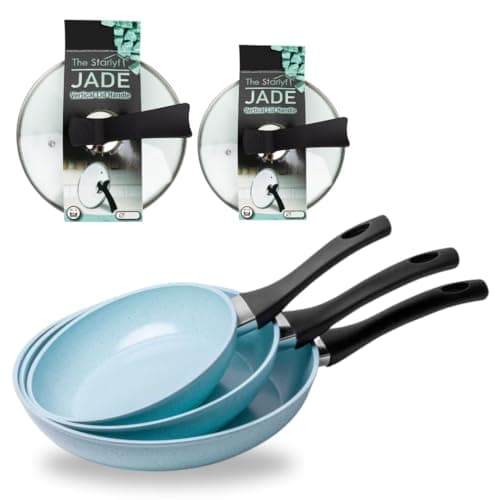 STARLYF Set de sartenes Jade Pan, Apto todo tipo de cocina, 5 piezas (3 Sartenes + 2 Tapas de vidrio con pie) Superficie Antiadherente, Cocina Saludable, Mineral Jade (SET)