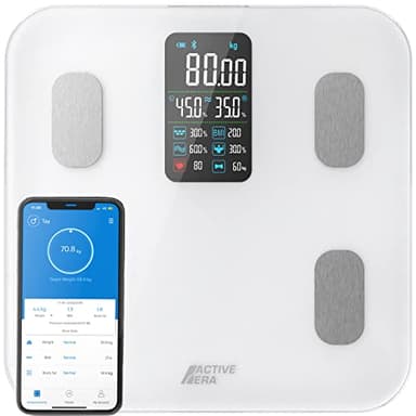 Active Era Bascula de Baño Bascula de Grasa Corporal y Muscular. Bluetooth USB, 16 Medidas de Análisis y Frecuencia Cardíaca. Peso Baño, App Gratuita y Compatible con Otras App - Blanco
