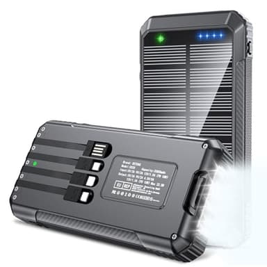 Banco de energía solar de 33800 mAh, 4 cables integrados, cargador portátil de carga rápida USB C de 22,5 W, 6 salidas y 4 entradas con luces LED de camping, paquete de batería para iPhone Samsung y