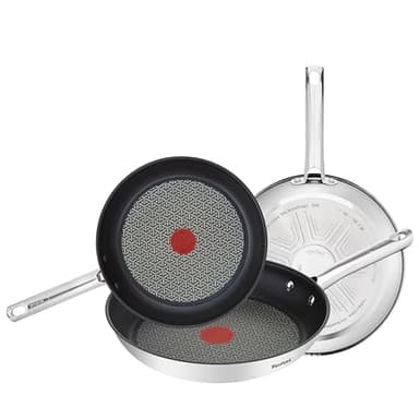 Tefal Duetto ON - Juego de 3 Sartenes de 20/24/28 cm de acero inoxidable, antiadherentes, base gruesa, reforzada a prueba de impactos, fácil limpieza, apto para todo tipo de cocinas