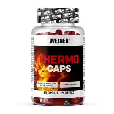 Weider Thermo Caps (120 Cápsulas) Quemagrasas Potente para Adelgazar, Acelerador metabolismo, ingredientes naturales termogénicos, L-Carnitina, Cafeína, Cúrcuma, control apetito, Vegano, Pre entreno