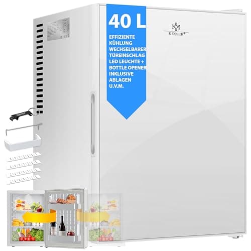 KESSER® Mini Frigorífico con Puerta de Cristal, Minibar 40 litros, 22dB, Cambio del Sentido de Apertura de la Puerta, 6°-12°C Altura 57cm, Iluminación [Clase de eficiencia energética F] - Blanco