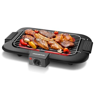 Aigostar Tasty - Grill sin humo, plancha de asar, barbacoa eléctrica para interiores, 2000W, tamaño compacto, uso con agua: evita manchas y humo, bandeja recoge grasa, termostato.