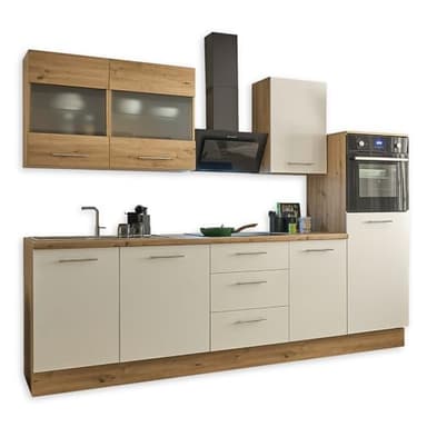 Cocina moderna Capri sin electrodomésticos en blanco, aspecto de roble artesano, certificado FSC, amplia cocina equipada con mucho espacio de almacenamiento, 280 x 168 x 58 cm (ancho x alto x