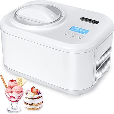KUMIO Maquina de Helado con Compresor, Sin Precongelación Heladeras Hacer Helado, Maquina Yogurt Helado con Pantalla LCD & Temporizador, Paleta Mezcladora Desmontable & Bol de 1L & Tapa, 100W, Blanco