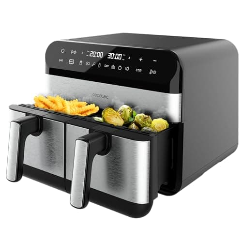Cecotec Freidora de Aire Digital de 9L Air Fryer Cecofry Advance 9000 Inox. 2800W, 2 Cubetas de 4,5L, Temperatura Dual, Temperatura Regulable de 80-200 ºC, 7 Programas, Panel Táctil Multifunción