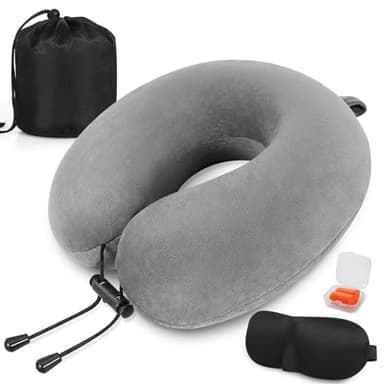 Almohada de Viaje para Cuello, Almohada de Viaje Viscoelástica de Espuma, Almohada Cervical para Oficina Avión Tren Coche Viajando, Cojin de Viaje Cuello con Máscara de Ojos, Tapones y Bolsa (Gris)