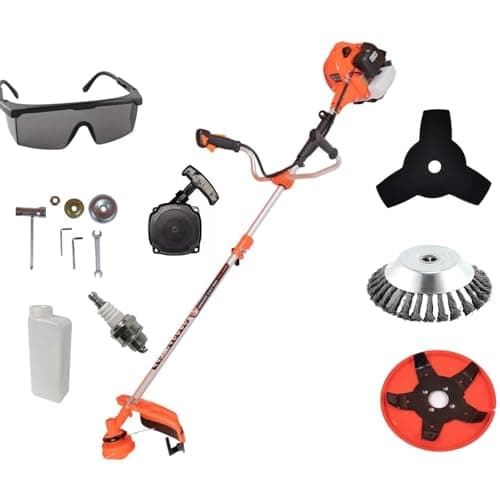 KNakasaki | Desbrozadora Gasolina Profesional Multifunción, con Accesorios, 65CC Motor 2 Tiempos (Correa para Hombro, Cuchilla, Carrete, Sistema antivibración y cortadora)