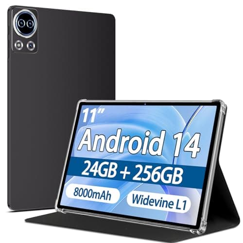 Tablet 11 Pulgadas Android 14 con 24 GB RAM + 256 GB ROM (Ampliable a 1TB), 8000 mAh, 13MP + 5MP, Widevine L1, 5G Wi-Fi, GPS, 8 Cores 2.0 GHz, Face ID, HD 1280 x 800 Incell IPS, con Funda, Cafeína