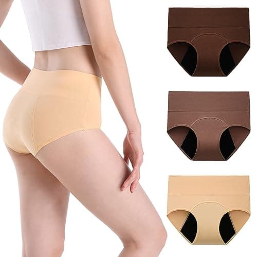 INNERSY Bragas Menstruales Cintura Alta Braguitas Incontinencia Mujer Flujo Medio Pack de 3 (M, Beige+Marrón+Café)