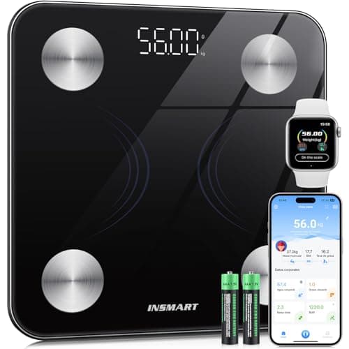 INSMART Bascula Baño, Bascula Grasa Corporal y muscular con pantalla LED,Bascula con app para Andriod e iOS,Bascula Inteligente controla 16 datos corporales,Balanza Peso Corporal peso máximo 180kg
