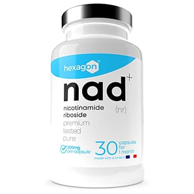 NAD+ Nicotinamide Riboside Chloride 300mg - +1 Mes de Cura - Contra la Edad y la Fatiga, NAD Booster - Polvo Puro, 30 Cápsulas - Grado Farmacéutico - Vegano - Hexagon