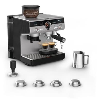 Krups Precision Cafetera profesional para espresso y capuccino,con molinillo integrado y 30 ajustes de molienda,cafetera con ajustes de preinfusión y control de temperatura,Acero inoxidable/Negro
