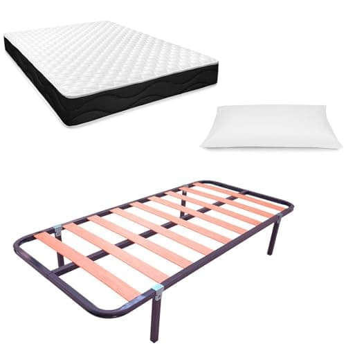 amuéblate online Cama Completa con Colchón Venus Reversible + Almohada/s + Somier de Láminas Basic con Patas, Acero aleado, Gris, 90 x 190 cm
