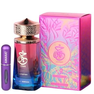 Perfume Khair Confection 100ML, Perfume Árabe de Mujer Larga Duración, Eau De Parfum Incluye Atomizador 5ML, Fragancia Dulce y Floral con Notas de Pera, Crema Batida, Jazmín y Malvavisco (Confection)