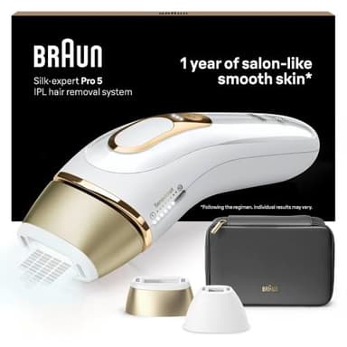 Braun Luz Pulsada Silk-expert Pro 5 PL5140 IPL, Eliminación Del Vello En Casa, Alternativa Para Depilación Láser, Con Funda, 2 Cabezales, Regalo Para Mujer, Blanca/Dorada
