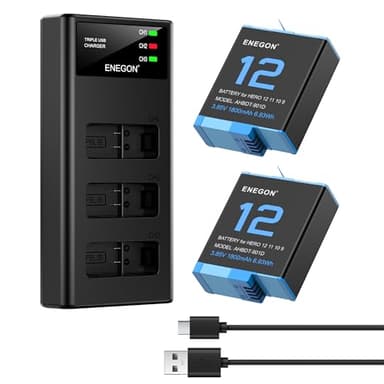 ENEGON Batería Recargable y Cargador de Batería para Hero 12 Hero 11 Hero 10 Hero 9, 2 Packs de Baterías 1800mAh con 3 Ranuras de Carga Compatible con GoPro Hero 11 10 9 (1 Cargador + 2 Baterías)
