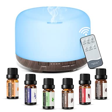 ACWOO Difusor de Aceite Esencial, Set de 500ml Humidificador Aromaterapia Ultrasónico y 6x10ml Aceites Esenciales, 7 Colores Lámpara Difusora de Aromas con Control Remoto para Hogar, Yoga, Dormir