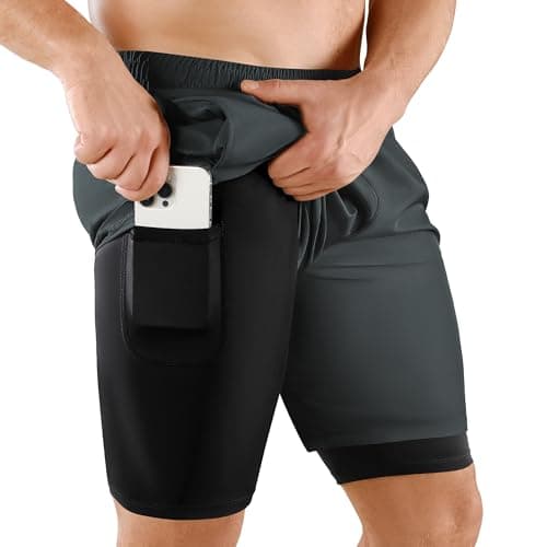 Niksa 1 Piezas Pantalón Corto para Hombre Pantalones Cortos Hombre Deporte Pantalon Running 2 en 1 Calzonas Running, Gris, L
