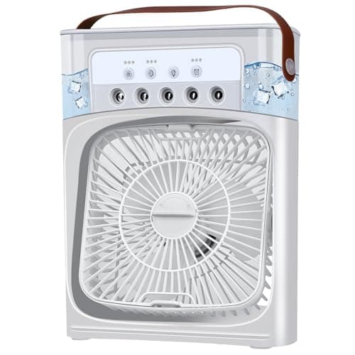 BuzzoXerex Mini Aire Acondicionado Portatil, 5 en 1 Enfriador de Aire Portatil, Mini Refrigerador de Aire Móvil Ventilador, 3 Velocidades, Modos de Niebla, 7 LED Hogary, 2-8H Cronometrado (Blanco)