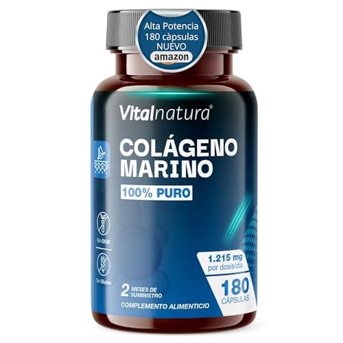 Colágeno Marino Hidrolizado 100% Puro - Alta Absorción, 1.215mg, 180 Cápsulas | Alta eficacia (2 cápsulas) o máxima potencia (3 cápsulas) | Piel Radiante, Huesos Fuertes, Alivio del Dolor Articular