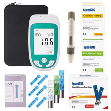 Probador De Sangre 3 En 1, Monitor De Colesterol, Monitor De Ácido Úrico, Monitor De Azúcar En Sangre, Kit De Prueba Triple Para El Hogar Con 50 De Azúcar En Sangre + 25 De Ácido Úrico + 10 Analizador