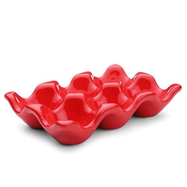Flexzion Hueveras de cerámica, -6 tazas, Hueveras para frigorifico de diseño moderno, Bandeja para huevos de gallina, Organizador decorativo para los huevos de Pascua, Rojo