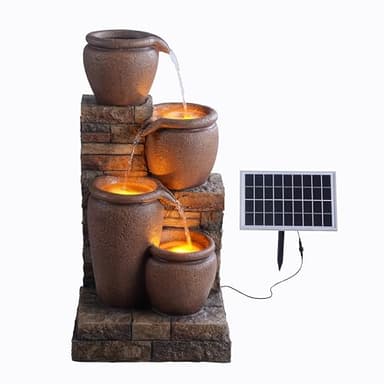 Fuente de Agua Solar en Cascada de 4 Niveles, Luces LED, 30.71", Marca Teamson Home. Ideal para Jardines, Patios, Balcones. Color Marrón.
