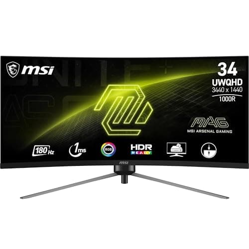 MSI mag 345CQR Monitor Curvo Gaming UWQHD de 34", 1500R 3440 x1440 Rapid VA Panel, 180 Hz / 1ms, Adaptive-Sync, DP 1.4a, HDMI 2.0b CEC