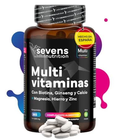 Vitaminas para el Cansancio - Multivitaminas Hombre y Mujer con Minerales y Ginseng - 365 Comprimidos - Complejo Multivitamínico Completo Con Biotina, Hierro, Magnesio y Zinc - Sevens